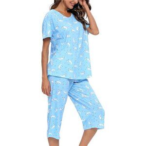 Women's Cotton Pajama Set Short Sleeve Top Capri Pants 2 Piece Lounge Sleepwear